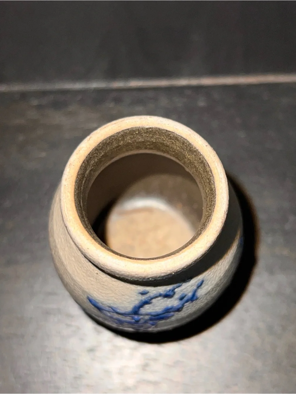 Wisconsin Pottery Beige Stoneware Mini Vase with Blue Deer Decoration
